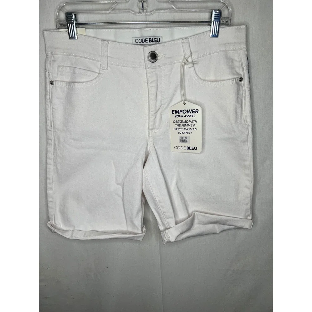 Code Bleu Womens Body Sculpt Bermuda Shorts White Denim Cuffed‎ Size 10 NEW
